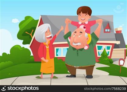 A vector illustration of happy grandparents playing with their grandson