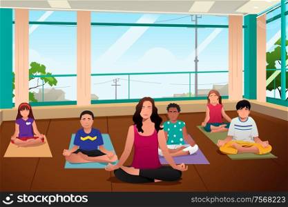 A vector illustration of happy kids in a yoga class