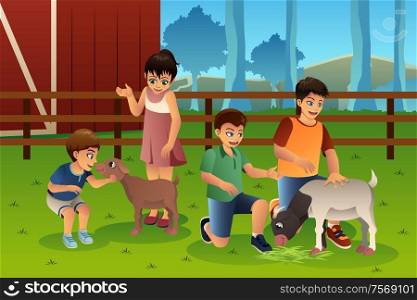 A vector illustration of happy kids petting animals together in a petting zoo