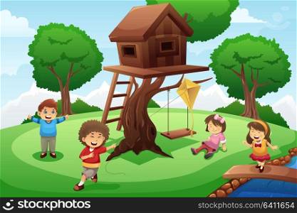 A vector illustration of happy kids playing around tree house