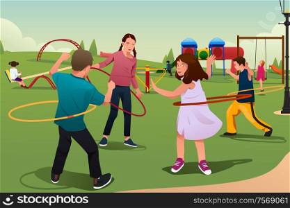 A vector illustration of happy kids playing hula hoop together in the park