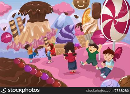 A vector illustration of happy kids playing in a dessert land