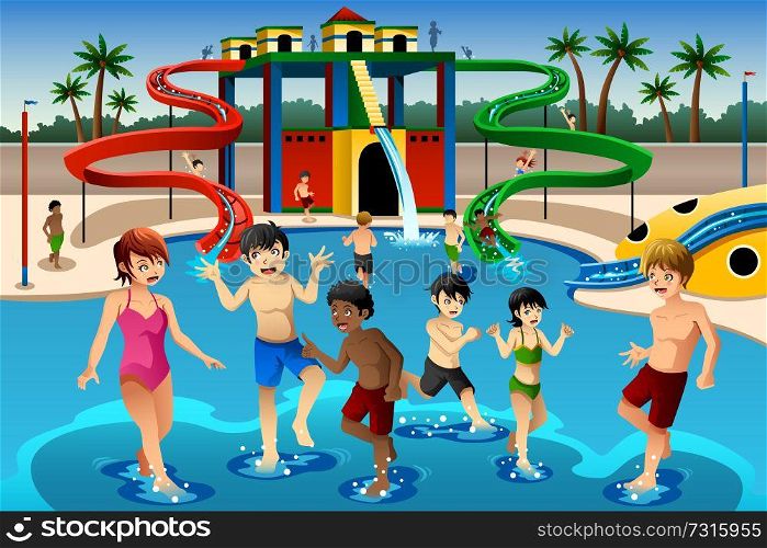 A vector illustration of happy kids playing in a waterpark