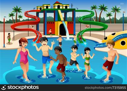 A vector illustration of happy kids playing in a waterpark