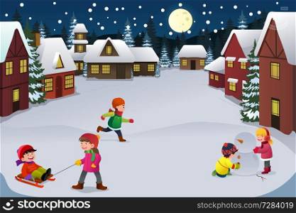 A vector illustration of happy kids playing in a winter wonderland together