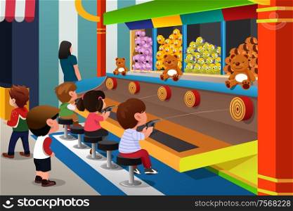 A vector illustration of happy kids playing in carnival games