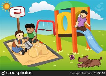 A vector illustration of happy kids playing in the playground