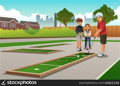 A vector illustration of happy kids playing mini golf