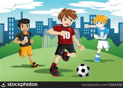 A vector illustration of happy kids playing soccer