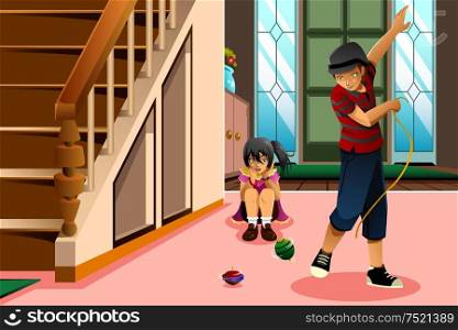 A vector illustration of happy kids playing spinning top together