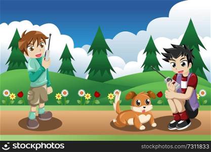 A vector illustration of happy kids playing with their dog in the park