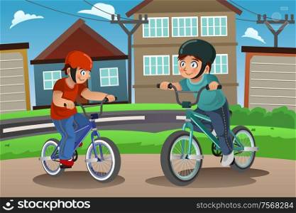 A vector illustration of happy kids riding bike together