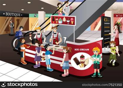 A vector illustration of happy kids waiting in line for ice cream