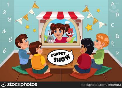 A vector illustration of happy kids watching puppet show