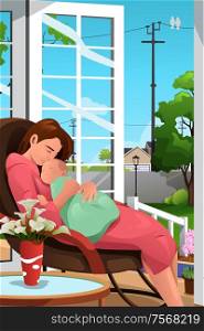 A vector illustration of happy mother holding her sleeping baby
