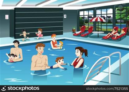 A vector illustration of happy parents and babies having swimming lesson