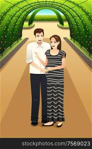 A vector illustration of happy pregnant couple walking in the city park