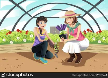 A vector illustration of happy teenagers planting in a greenhouse