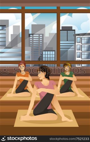 A vector illustration of happy women doing yoga together
