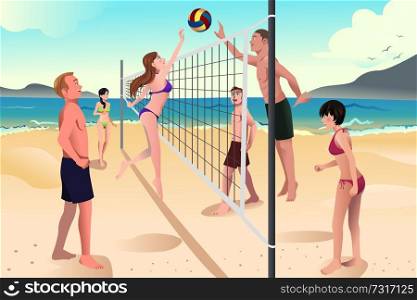 A vector illustration of happy young people playing beach volleyball