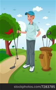 A vector illustration of healthy man playing golf on a green