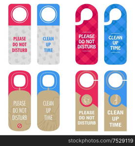 A vector illustration of hotel room do not disturb and clean up time sign