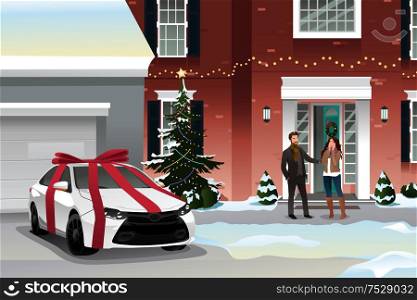 A vector illustration of husband giving his wife a car as a Christmas gift