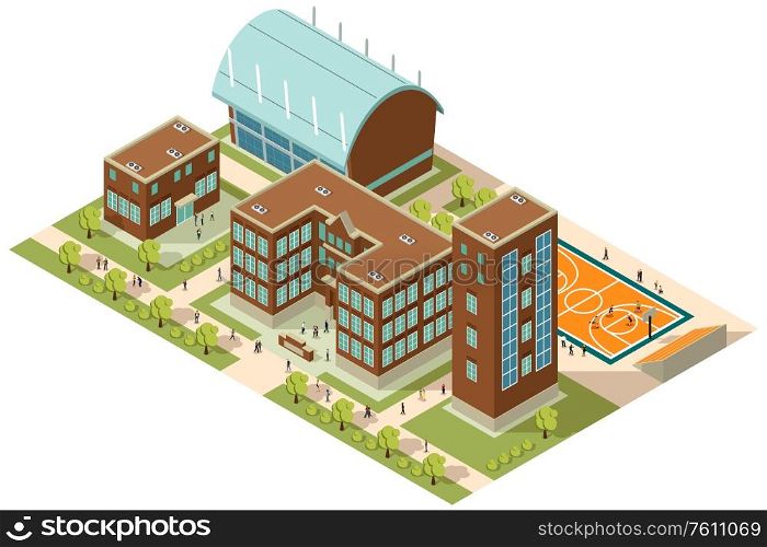A vector illustration of Isometric College Campus with Buildings and Soccer Field