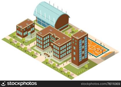 A vector illustration of Isometric College Campus with Buildings and Soccer Field