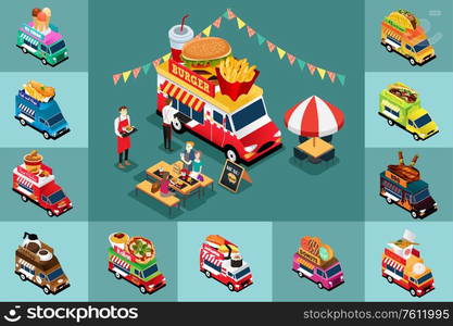 A vector illustration of Isometric Design of Different Food Trucks