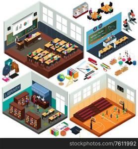 A vector illustration of Isometric Design of School Buildings and Classrooms