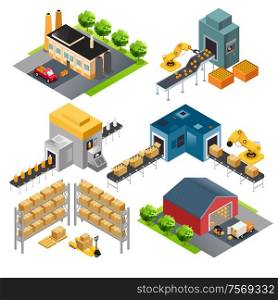 A vector illustration of isometric industrial factory buildings