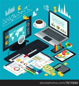 A vector illustration of Isometric View of Business Desktop