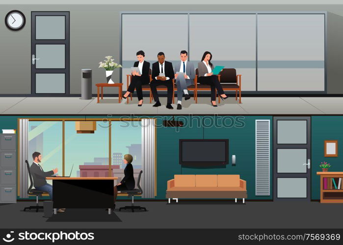 A vector illustration of Job Applicants Waiting For Interview at the Office