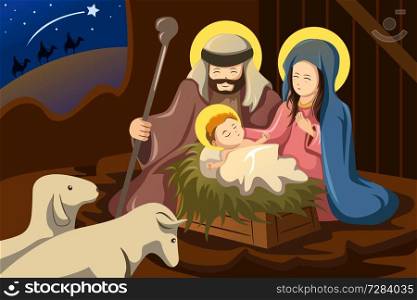 A vector illustration of Joseph, Mary and baby Jesus for nativity concept