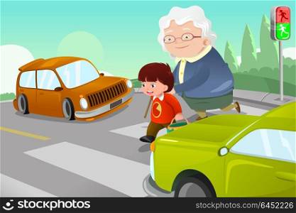 A vector illustration of kid helping senior lady crossing the street