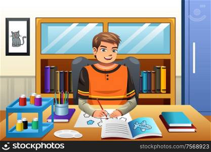 A vector illustration of kid using colored pencil coloring n paper