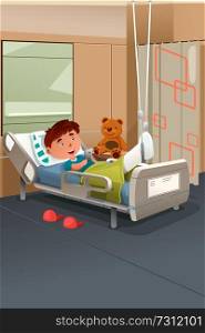 A vector illustration of kid with broken leg in the hospital