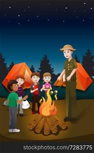 A vector illustration of kids and their counselor having a bonfire in a summer camp