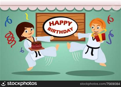 A vector illustration of kids birthday party banner with taekwondo theme