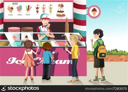 A vector illustration of kids buying ice cream at an ice cream stand