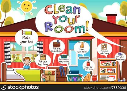 A vector illustration of Kids Cleaning Room Chores Infographic