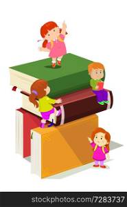 A vector illustration of kids climbing in stack of books