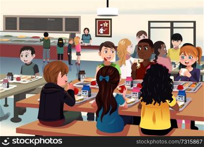 A vector illustration of kids eating at the school cafeteria