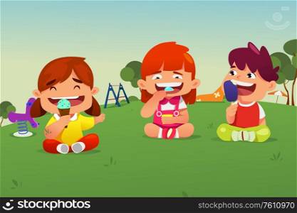 A vector illustration of Kids Eating Ice Cream in a Park