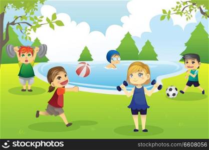 A vector illustration of kids exercising in the park
