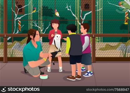 A vector illustration of kids feeing bird in a zoo