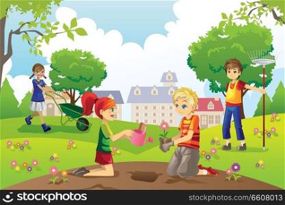 A vector illustration of kids gardening outside