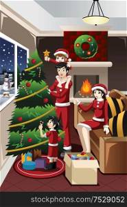 A vector illustration of kids helping their parents decorating their Christmas tree together