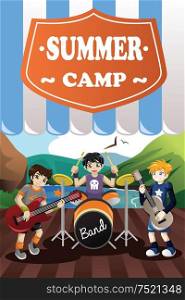 A vector illustration of kids in a band summer camp flyer